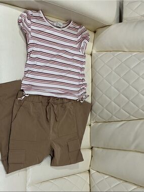 Girls' Striped Pink & White Tee with Brown Cargo Pants
